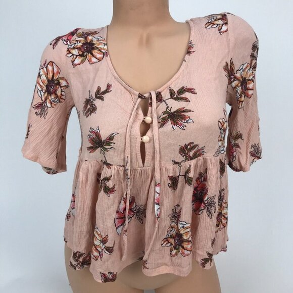 Seek The Label Floral Print Button Up Short Sleeve Crop Top Peplum Ruffle SZ S - Picture 2 of 6